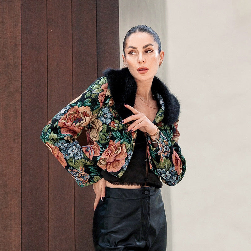 Women's Women Autumn Winter Fur Collared Jacquard Cardigan Long Sleeve Coat Short T Shirt Top