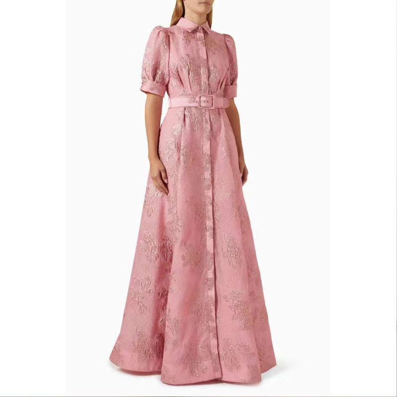 Floral Collared Belted Puff-Sleeve A-Line Maxi Dress