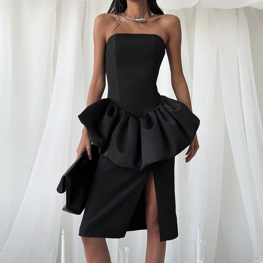 Women's Black Split Top and Skirt Two-Piece Set