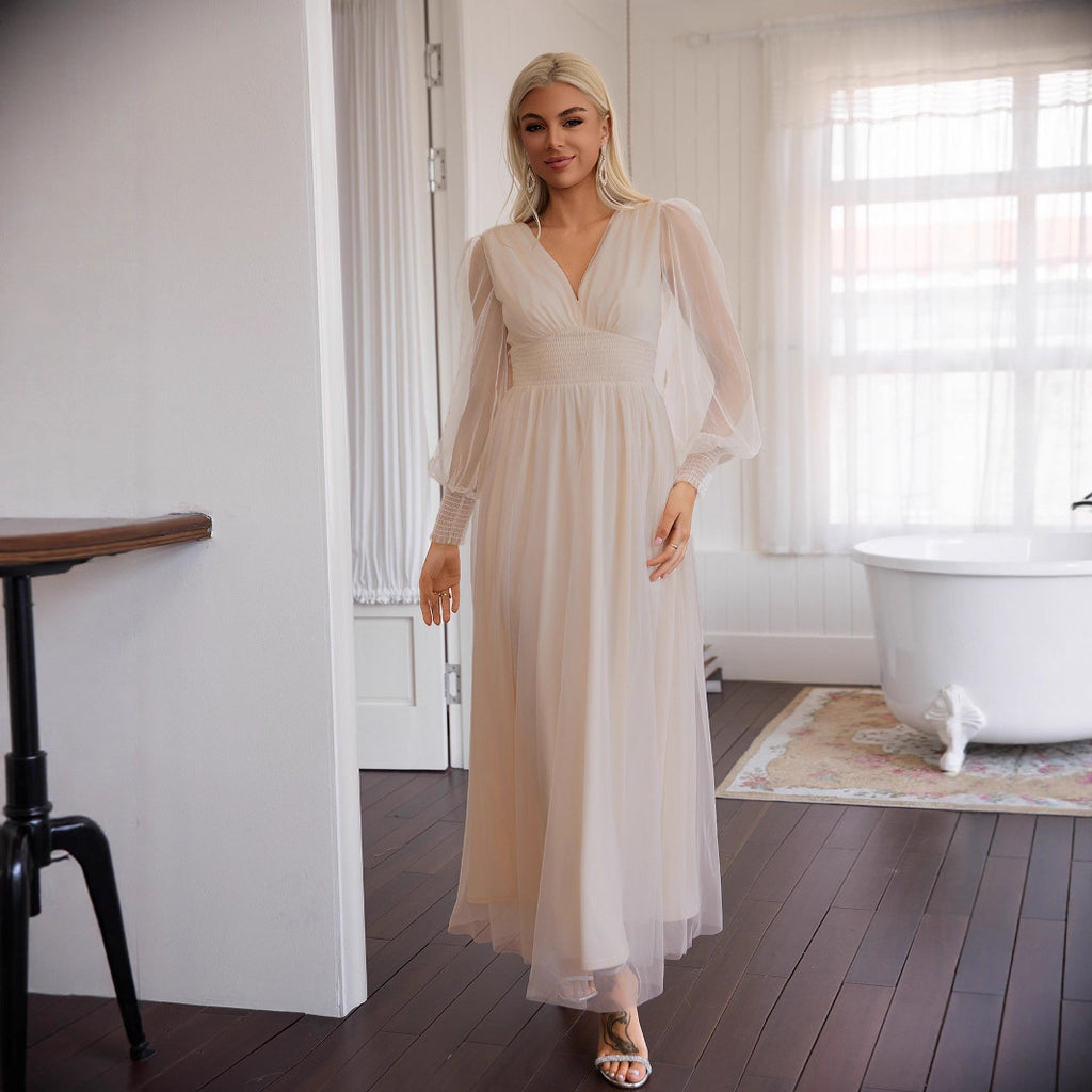 Lace V-Neck Backless Long-Sleeve A-Line Maxi Dress