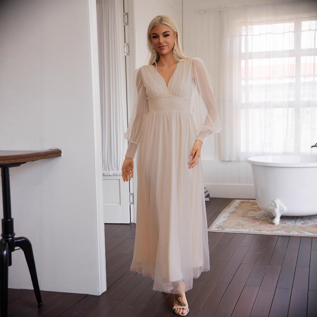 Lace V-Neck Backless Long-Sleeve A-Line Maxi Dress