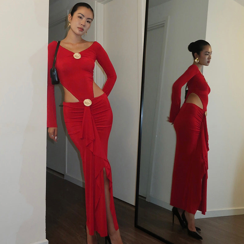 Women's Cropped Cutout Long-Sleeve Two-Piece Skirt Set