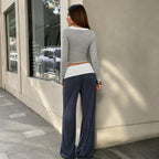 Casual Two Piece Set Striped Lace Stitching Contrast Color Turn Waist Home