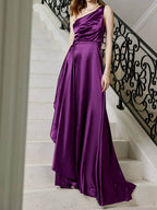 Women's One-Shoulder Satin Belted Split Maxi Evening Dress
