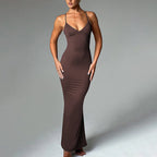V-Neck Backless Ruched Bodycon Maxi Dress