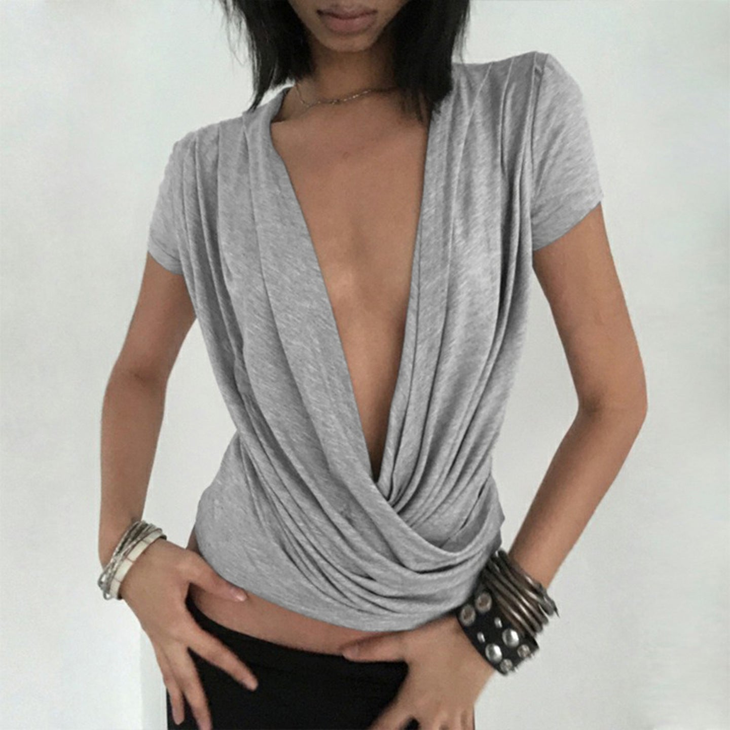 Women's Ruched Cowl Neck Short Sleeve Top