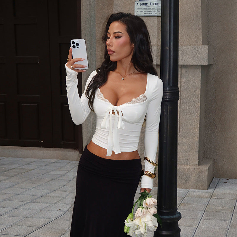Women’s White Bow Detail Lace Square Neck Top