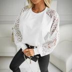 Women's Clothing Spring Summer Solid Color Lace Sleeves Round Neck Long Sleeve T Shirt