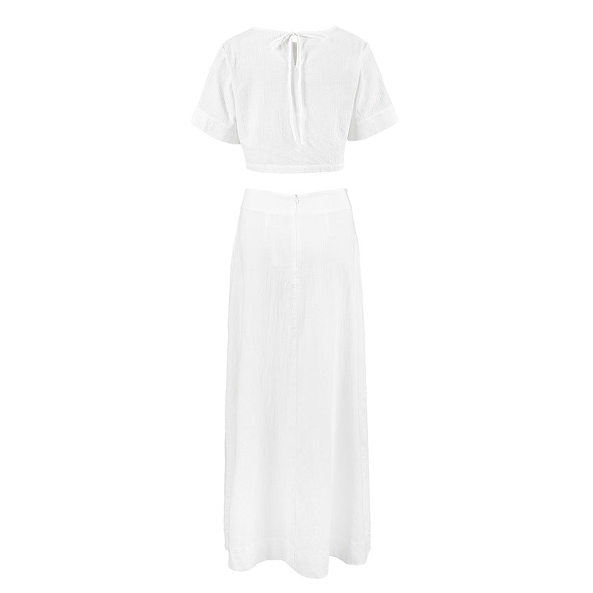 Women's Faux-Linen Cropped Top & High-Waist Skirt Two-Piece Set