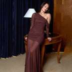 Mesh One-Shoulder Long-Sleeve Asymmetric Bodycon Maxi Dress