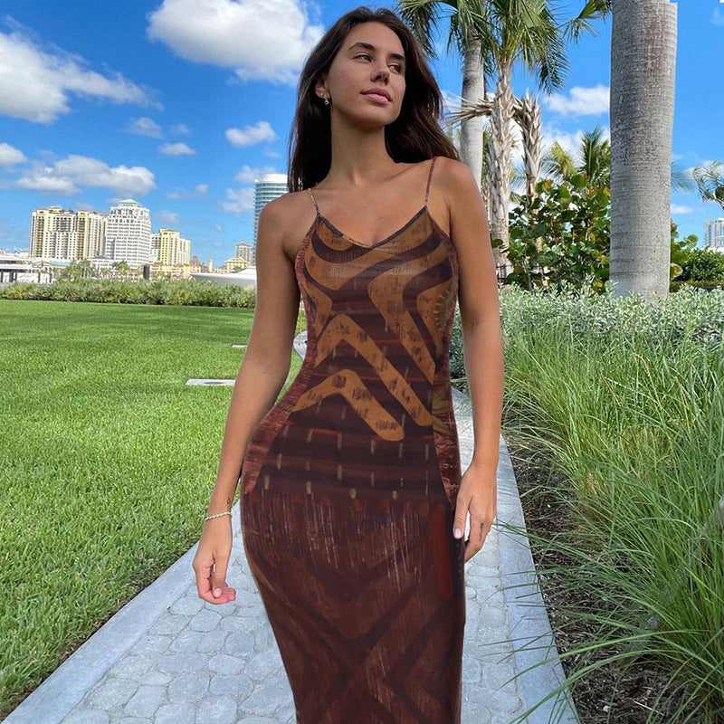 Women's Summer Printed Sexy V Neck Backless Slim Fit Sling Dress