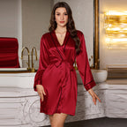 Sexy Emulation Silk Nightgown Women Long Sleeve Casual Homewear Long Tie Bathrobe Morning Run