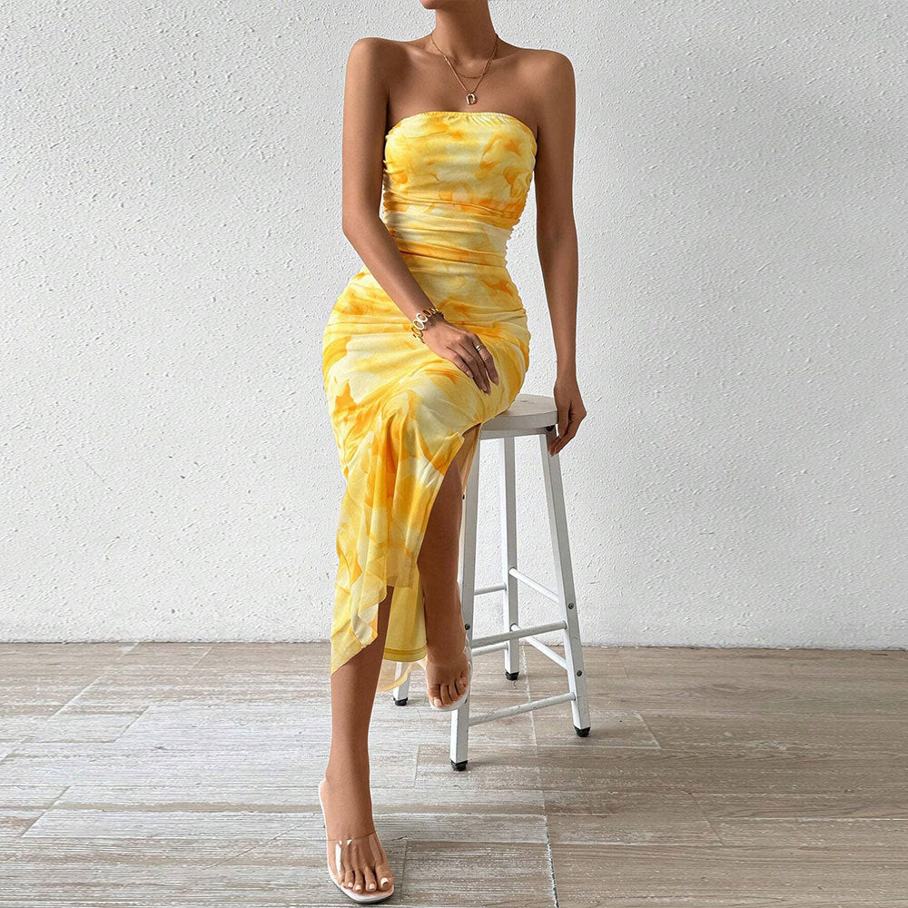 Women's Floral Strapless Ruched Split Midi Dress