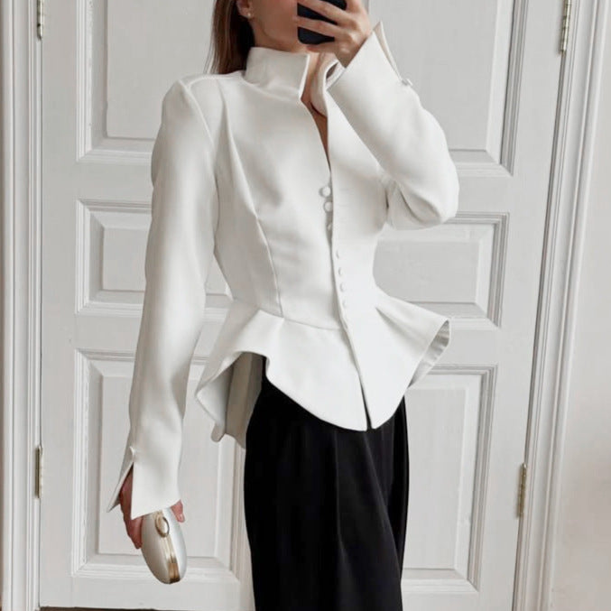 Business Wear Women Autumn White Stand Collar Tight Waist Breasted Lotus Leaf Hem Slim Fit Slimming Commuting Coat
