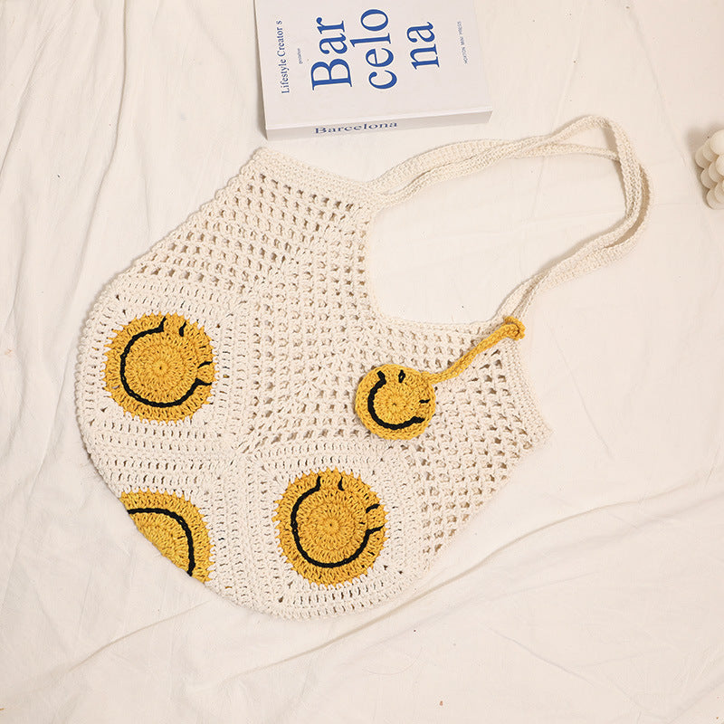 Smiley Woven Straw Shoulder Bag