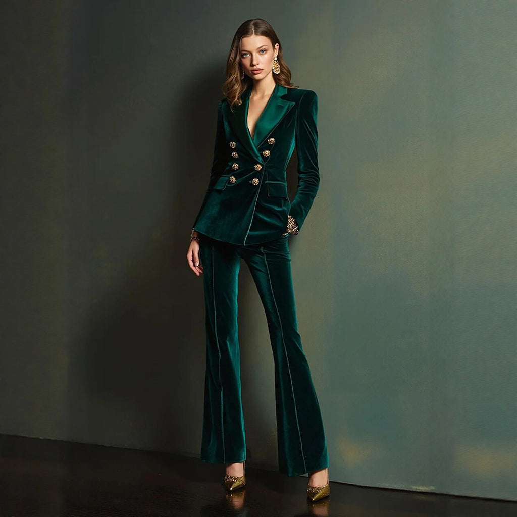 Women's Velvet Blazer And Flare-Leg Pants Set