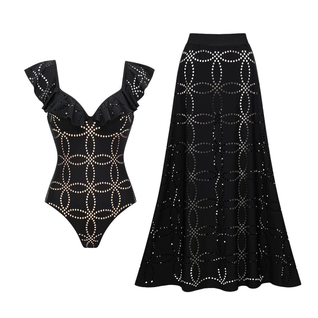 Black one-piece swimsuit and matching swim skirt, gold geometric dot pattern