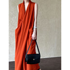 Elegant V-Neck Sleeveless Twisted Waist Dress Irregular Asymmetric Hong Kong Long