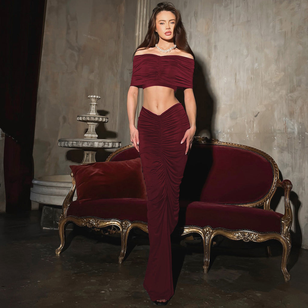 Women's Winter Sexy Cropped Top Slim Pleated Skirt Set