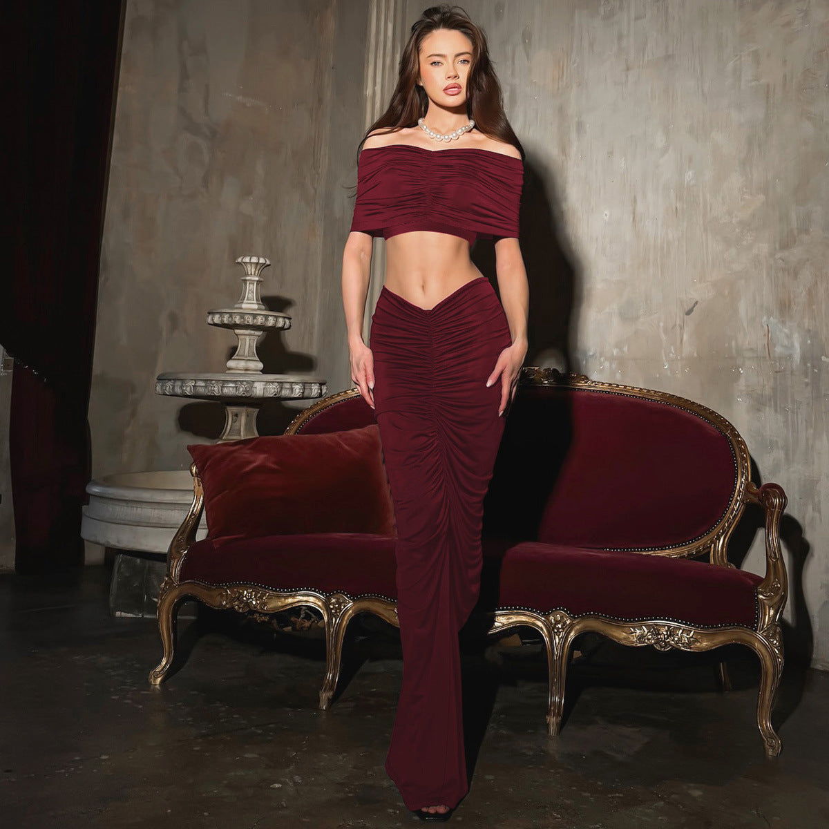 Women's Winter Sexy Cropped Top Slim Pleated Skirt Set