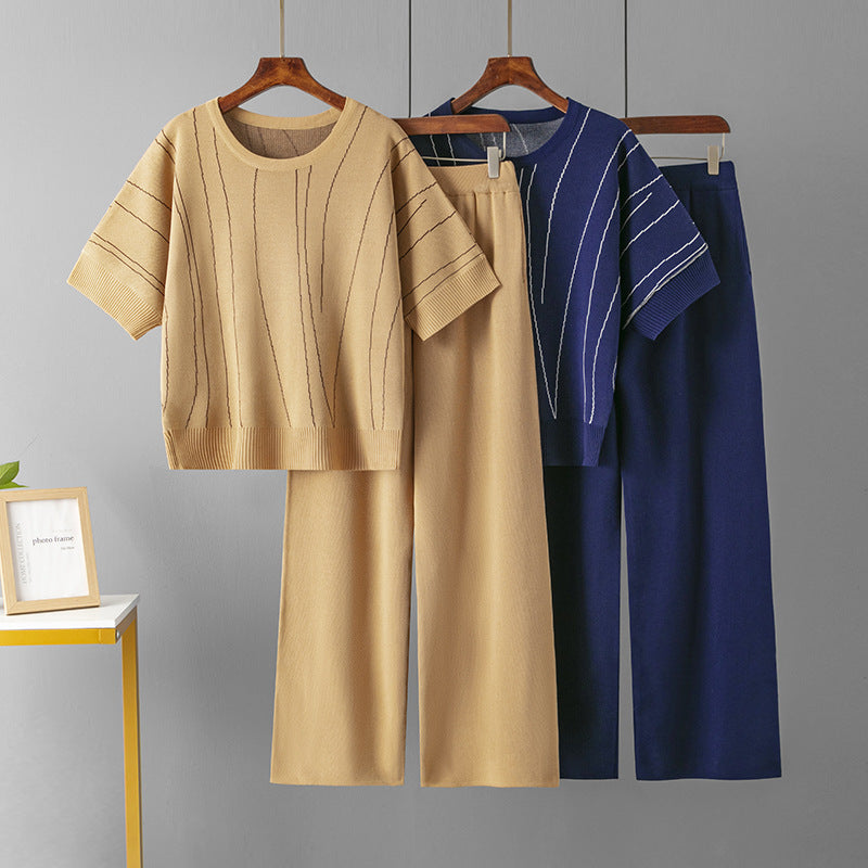 Casual Loose Outfit Batwing Sleeve Summer Slimming Stripes Wide Leg Pants Two-Piece Set