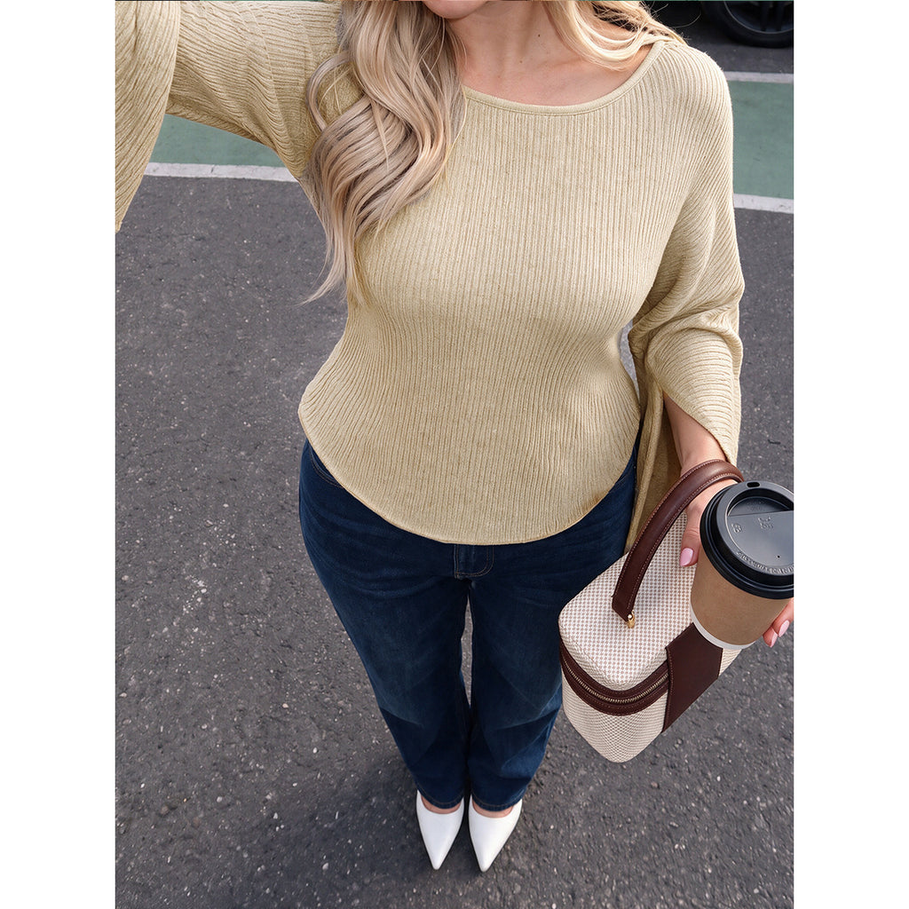 Plus Size Women off Neck Bell Sleeve Top Back Lace up Waist Slim Fit