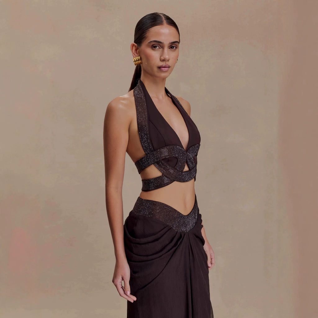 Women's Black Pleated Rhinestone Halter Maxi Dress