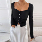 Women's French Square Neck Button Long Sleeve Top