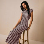 Casual Multicolor Striped Waist round Neck Short Sleeve Long Pattern Dress
