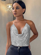 Women's Chain Strap Sequin Halter Crop Top