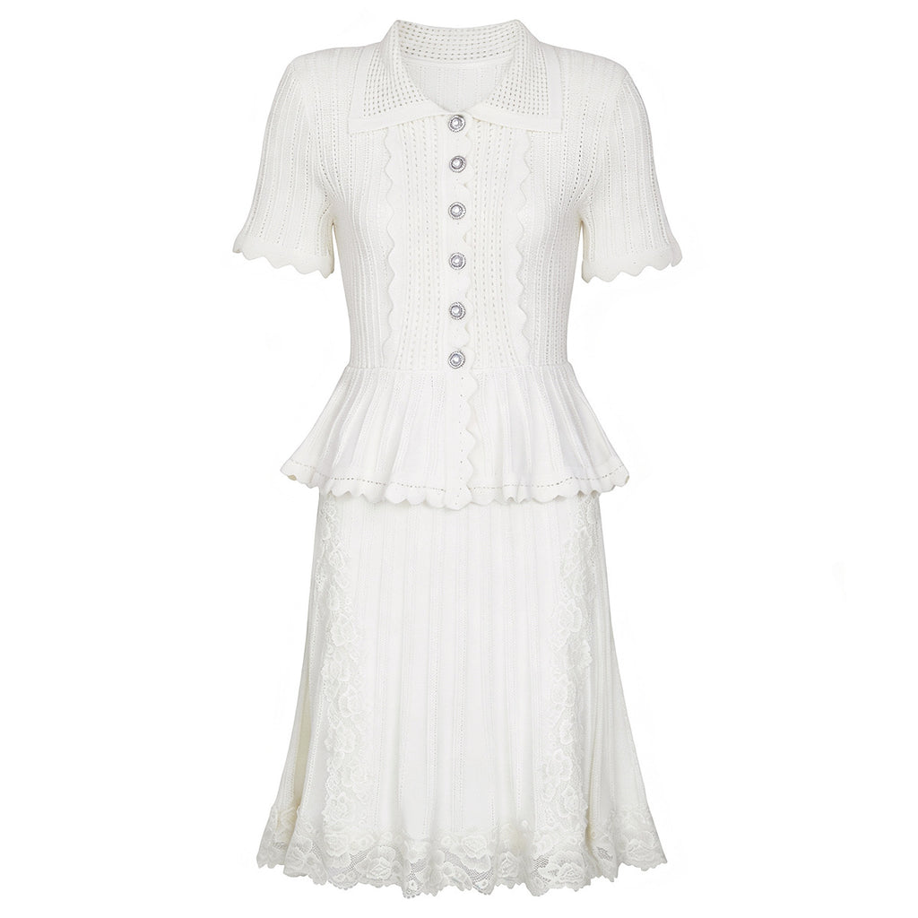 White short sleeve dress with button front, ruffled peplum waist, tiered lace skirt