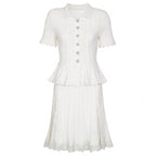 White short sleeve dress with button front, ruffled peplum waist, tiered lace skirt