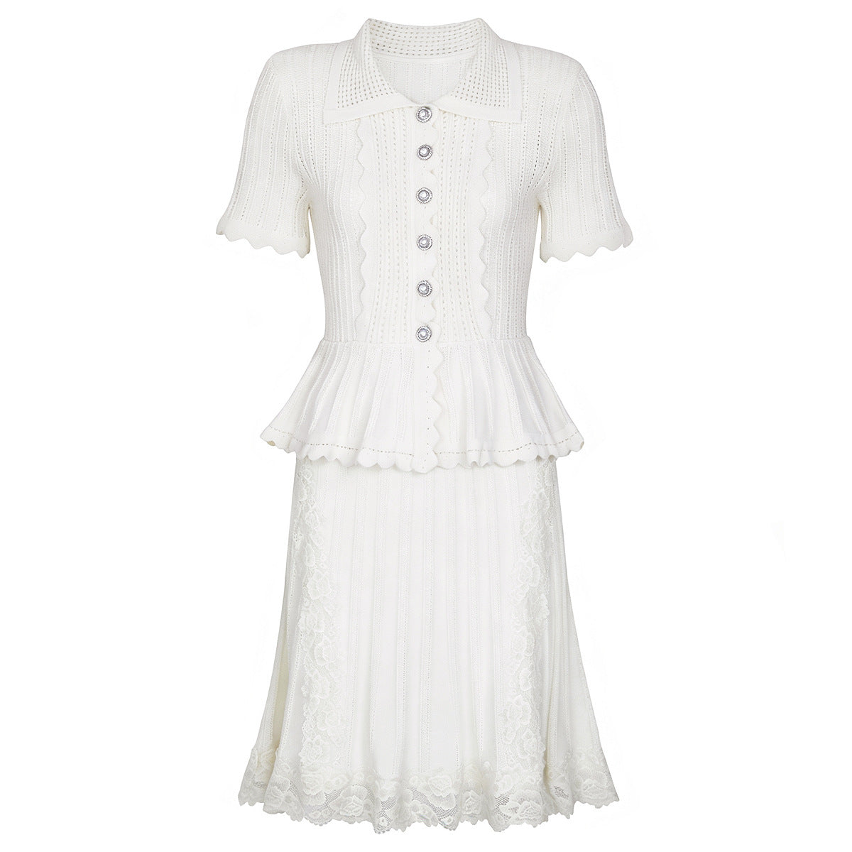 White short sleeve dress with button front, ruffled peplum waist, tiered lace skirt