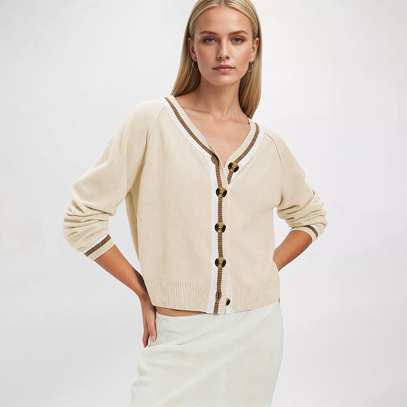 Women V neck Autumn Winter Knitting Cardigan Color Matching