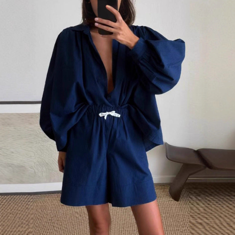 Lantern-Sleeve Shirt & Shorts Two-Piece Set