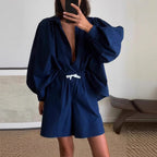 Lantern-Sleeve Shirt & Shorts Two-Piece Set
