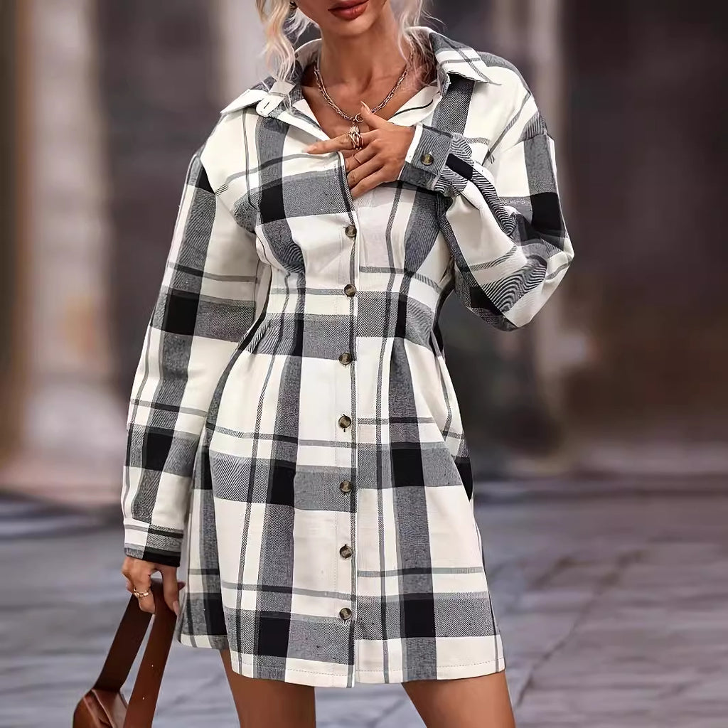 Plaid Belted Long Sleeve Dress