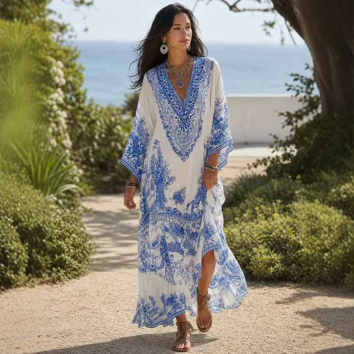 Blue & White Porcelain Print Maxi Dress