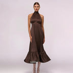 Women's Halter Polka-Dot Satin Maxi Dress
