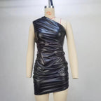 Faux-Leather One-Shoulder Asymmetric Bodycon Mini Dress