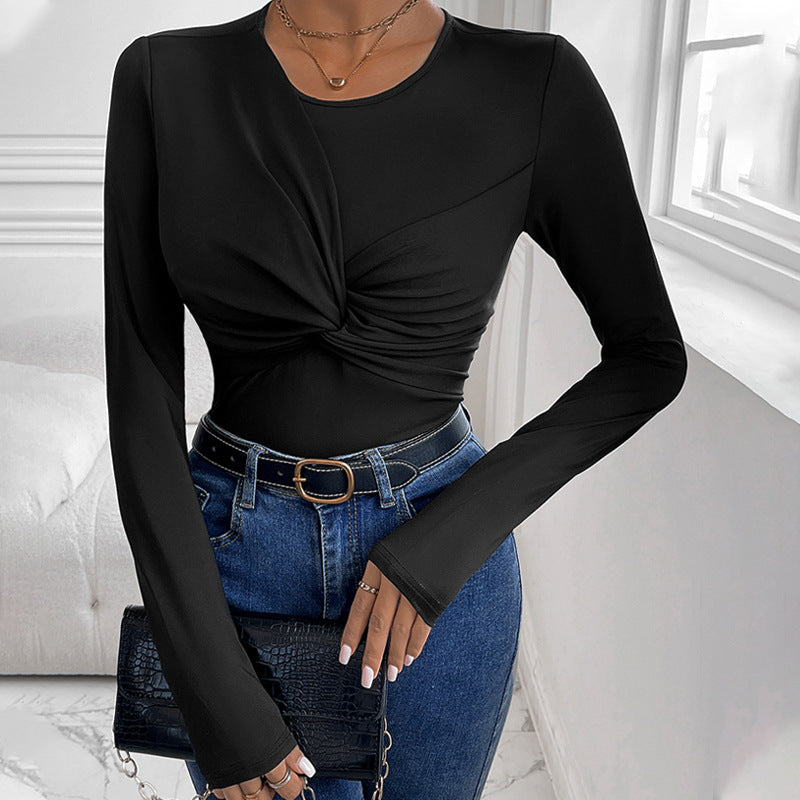 Women's Black Ruched Long Sleeve Slim Jumpsuit