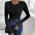 Women's Black Ruched Long Sleeve Slim Jumpsuit
