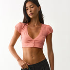 Women Clothing Summer Solid Color Low Neck Short Sleeve Button Cropped Sexy Small Top T shirt