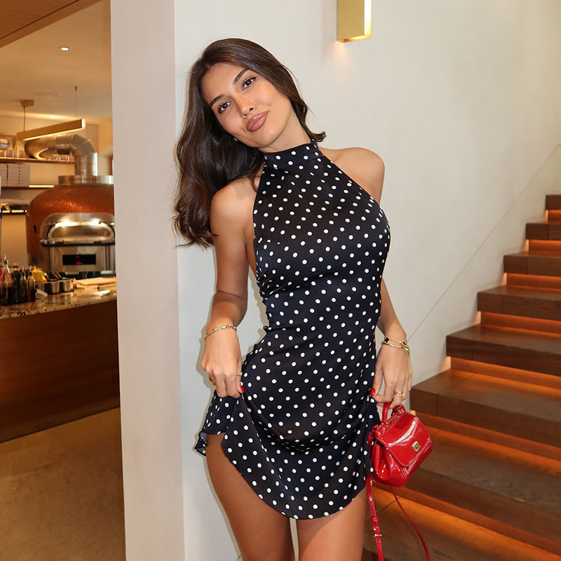 Women's Elegant French Halter Backless Slim Fit Polka Dot Printed Sexy Sexy A Line Dress