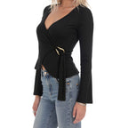 Women's French Minority Design Top Women Black V Neck Long Sleeve Nipped Waist Knit Sweater Chest Lace Up Golden Ring Decoration