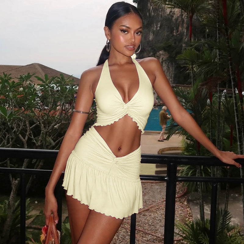 Women's Women Clothing Summer Sexy Twisted Lace Up Vest Slim Skirt Set