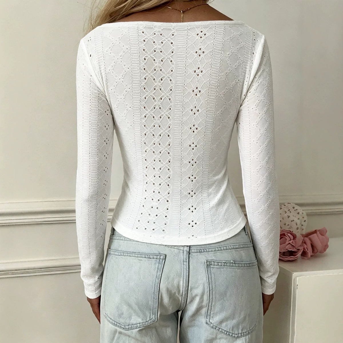 Women's Women Clothing Square Collar Drawstring Long Sleeved Top Women Hollow Out Cutout Slim Fit Slimming Elegant Bottoming Shirt