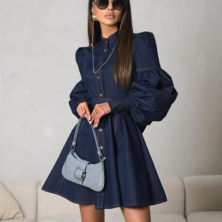 Belted Denim Long Sleeve Shirt Mini Dress