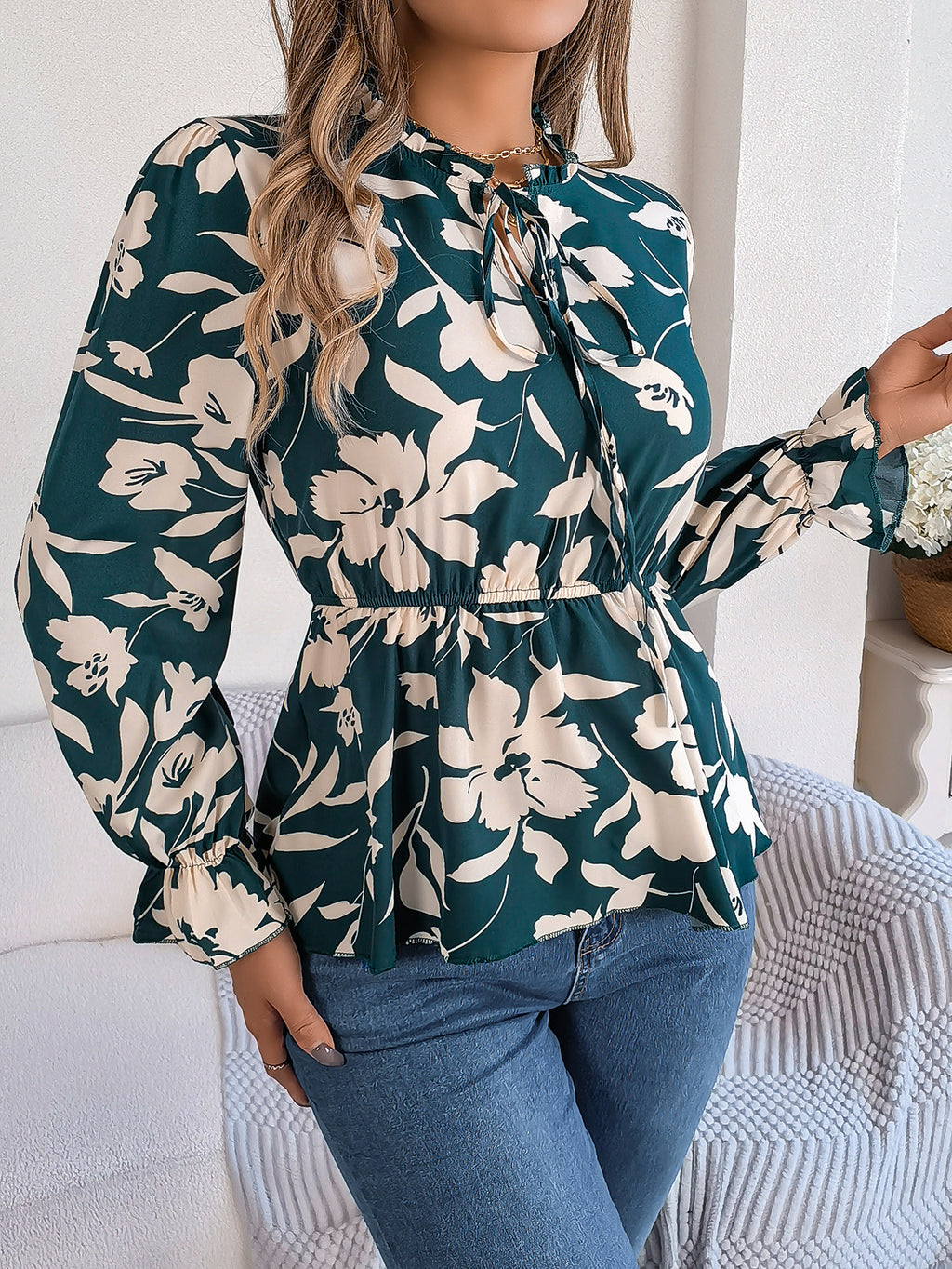 Women's Real Shot Spring Summer Casual Floral Lace Up Long Sleeve Chiffon Shirt Top Women Clothing