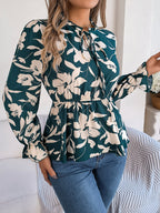 Women's Real Shot Spring Summer Casual Floral Lace Up Long Sleeve Chiffon Shirt Top Women Clothing